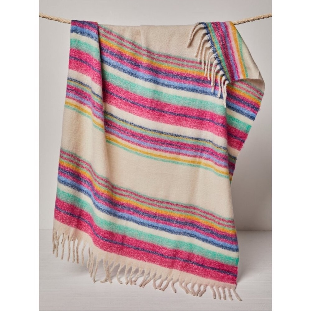 NWT FREE PEOPLE Skye Stripe Fringe Throw Blanket / Ivory